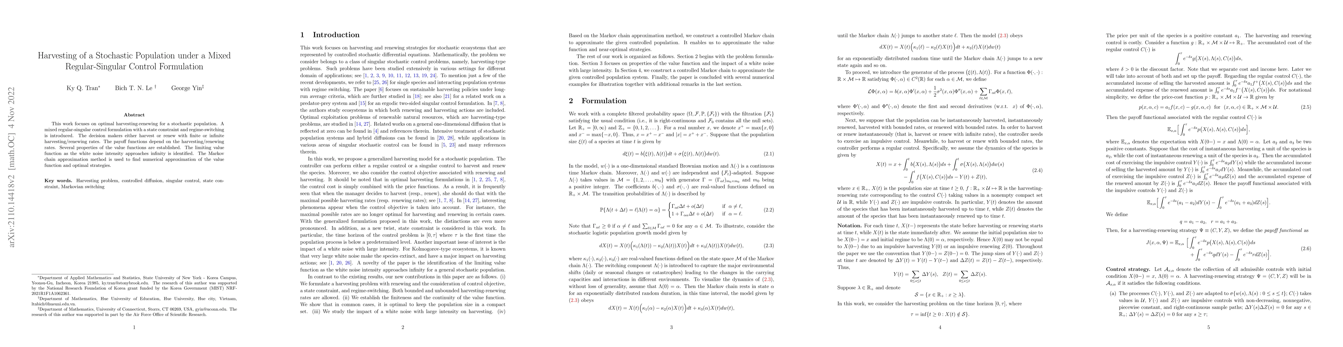 Thumbnail for Harvesting of a stochastic population under a mixed regular-singular
  control formulation