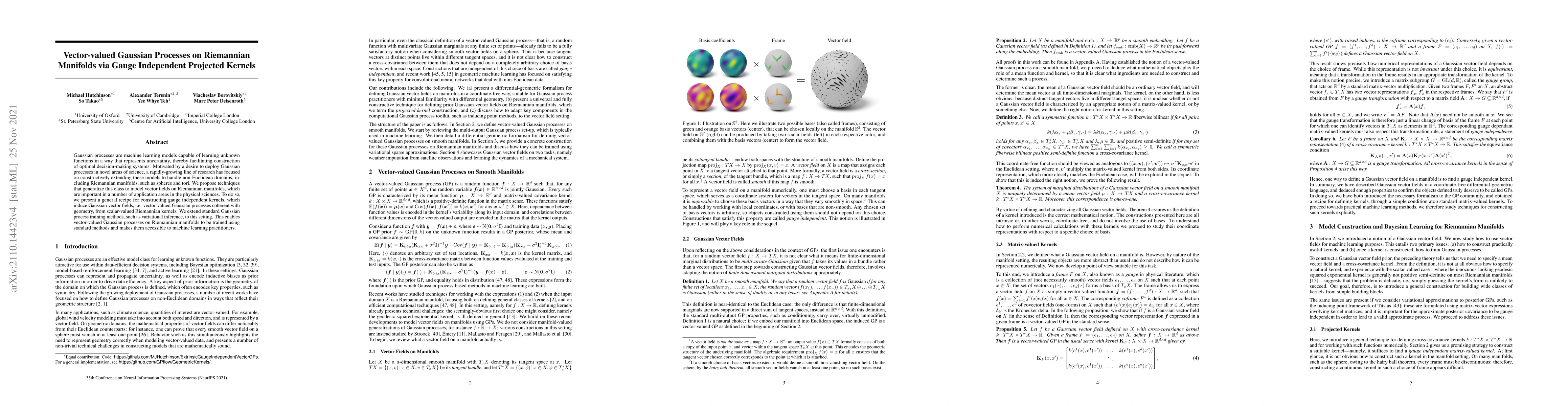 Thumbnail for Vector-valued Gaussian Processes on Riemannian Manifolds via Gauge
  Independent Projected Kernels