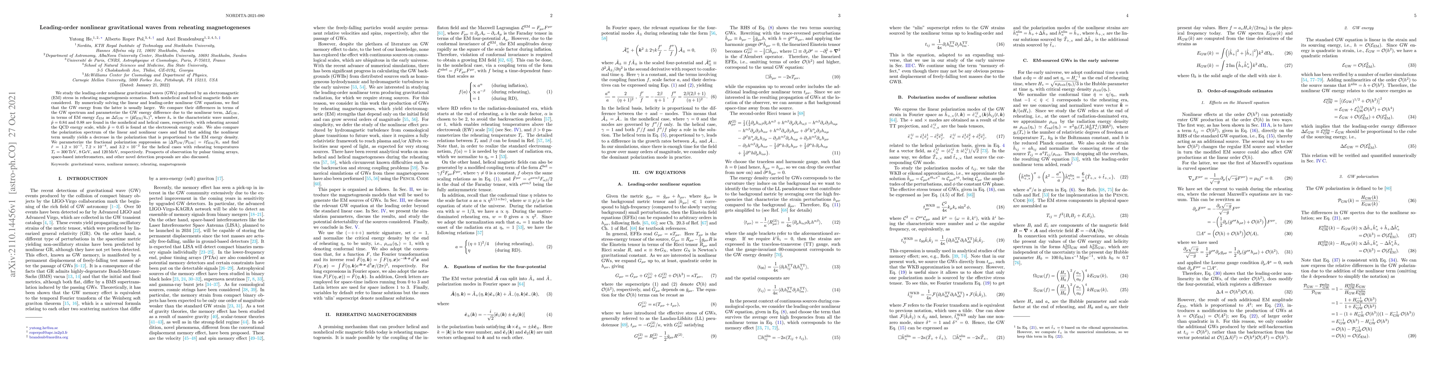 Thumbnail for Leading-order nonlinear gravitational waves from reheating
  magnetogeneses