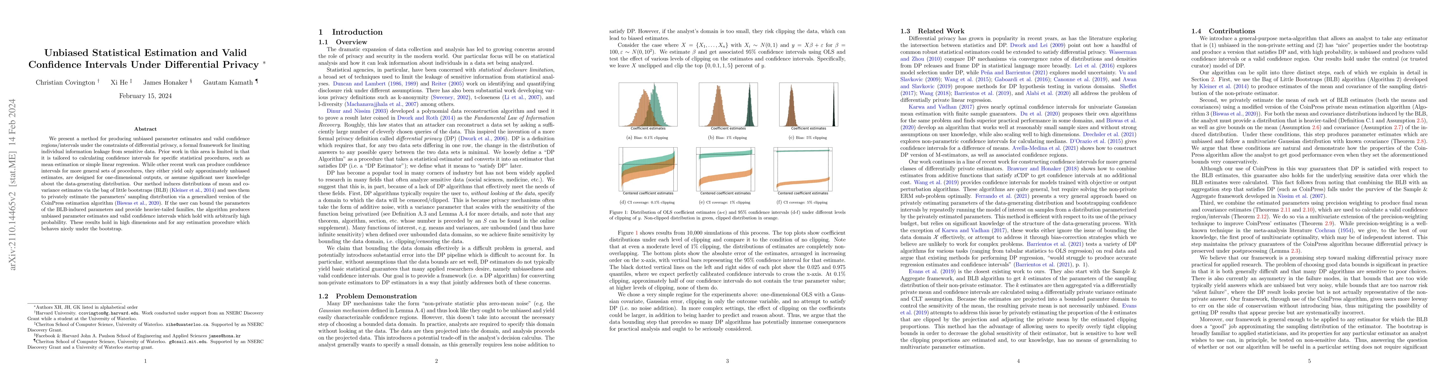Thumbnail for Unbiased Statistical Estimation and Valid Confidence Intervals Under
  Differential Privacy