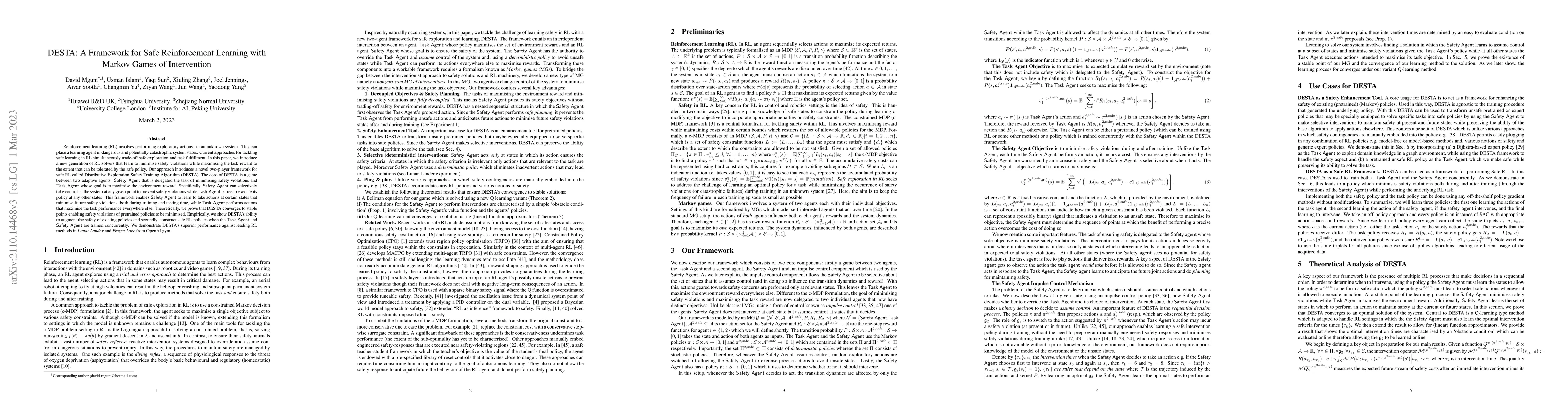 Thumbnail for DESTA: A Framework for Safe Reinforcement Learning with Markov Games of
  Intervention