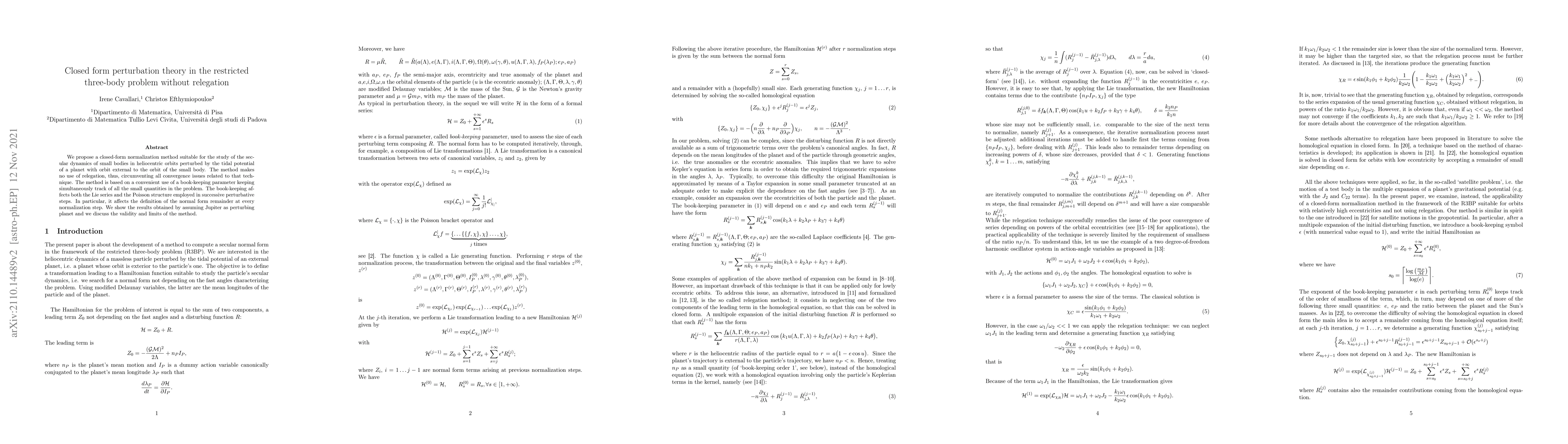 Thumbnail for Closed form perturbation theory in the restricted three-body problem
  without relegation