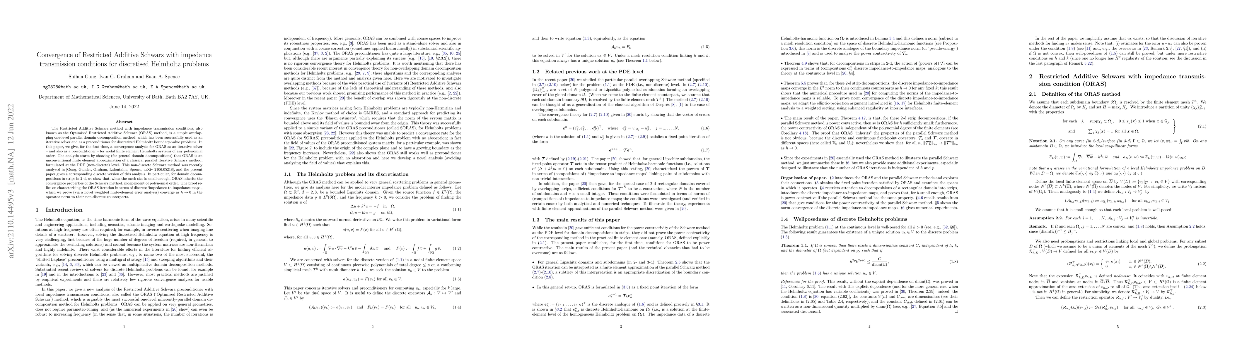 Thumbnail for Convergence of Restricted Additive Schwarz with impedance transmission
  conditions for discretised Helmholtz problems