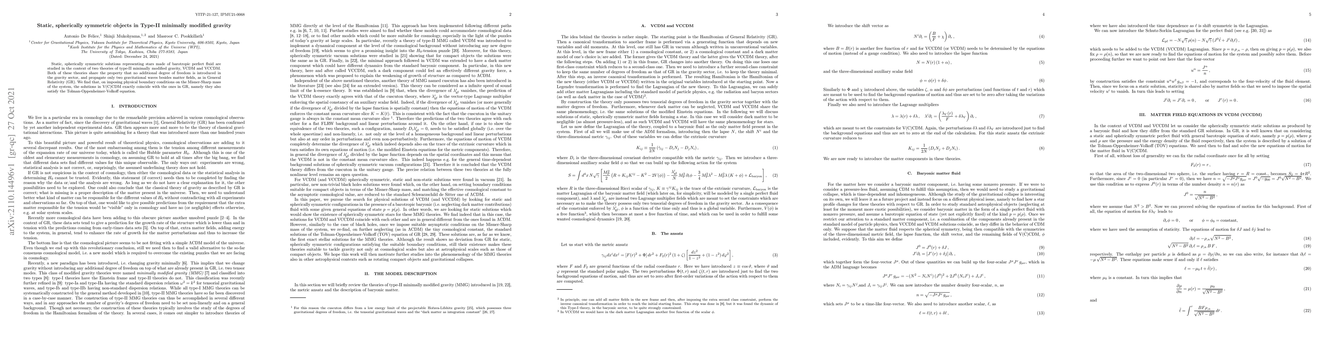 Thumbnail for Static, spherically symmetric objects in Type-II minimally modified
  gravity