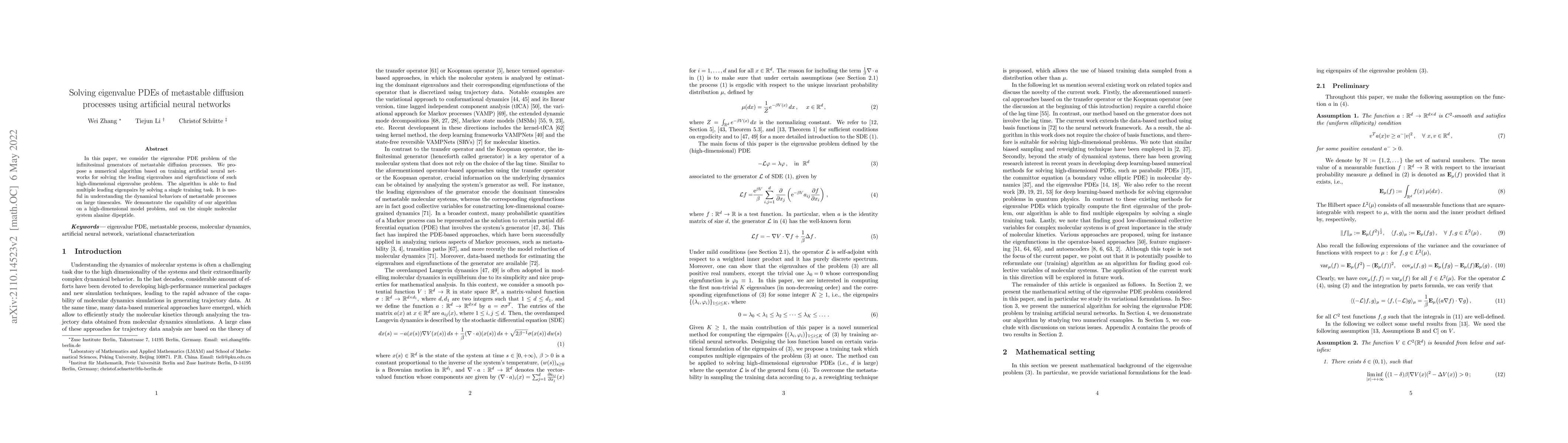 Thumbnail for Solving eigenvalue PDEs of metastable diffusion processes using
  artificial neural networks