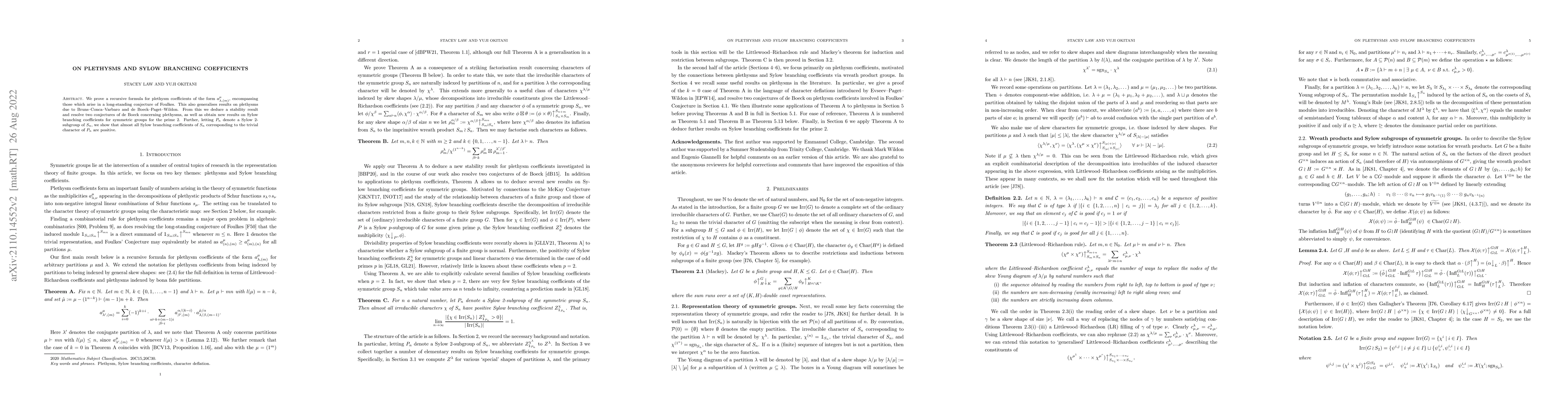 Thumbnail for On plethysms and Sylow branching coefficients