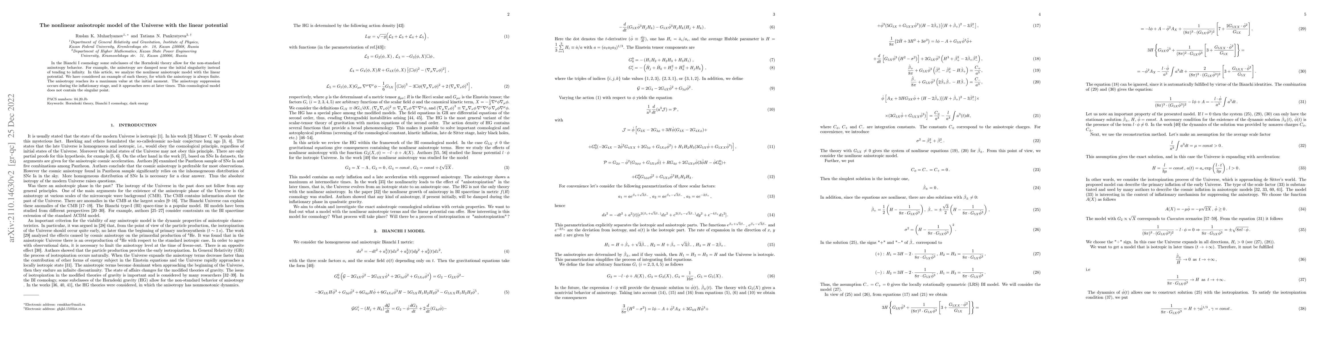 Thumbnail for The nonlinear anisotropic model of the Universe with the linear
  potential