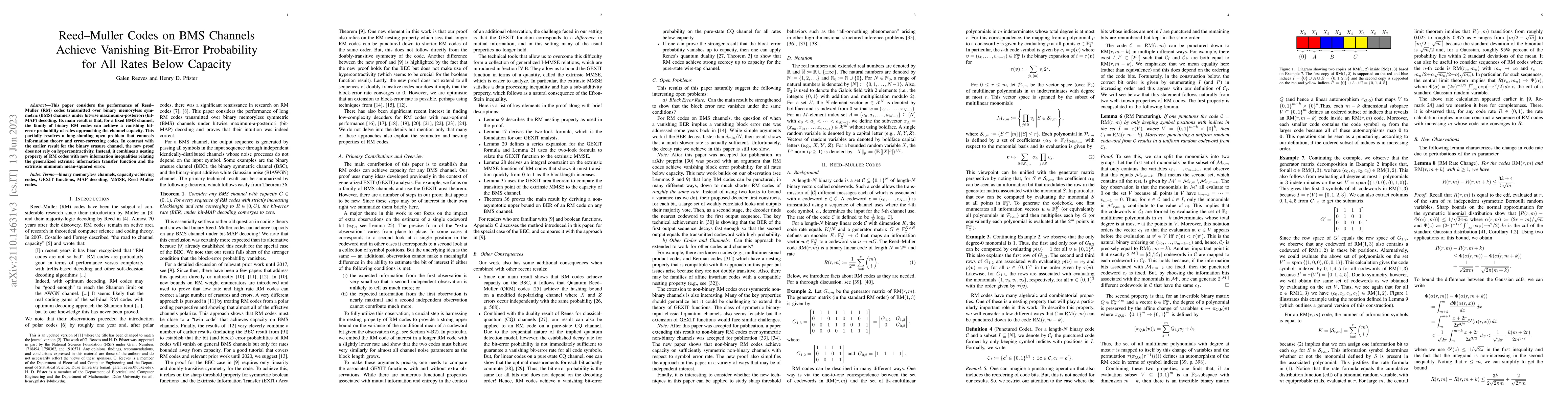 Thumbnail for Reed-Muller Codes on BMS Channels Achieve Vanishing Bit-Error
  Probability for All Rates Below Capacity