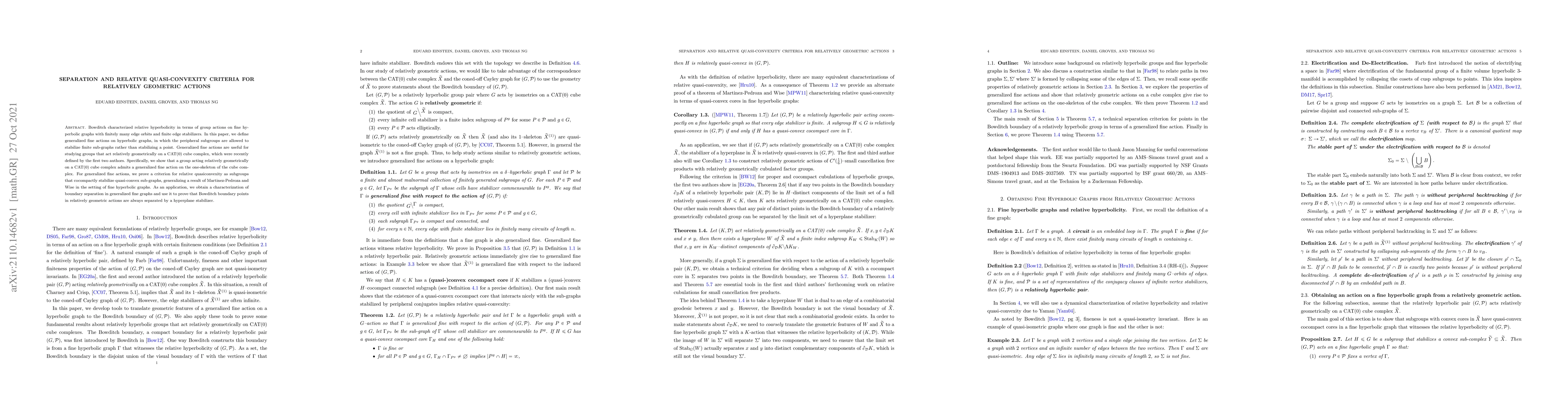 Thumbnail for Separation and Relative Quasi-convexity Criteria for Relatively
  Geometric Actions