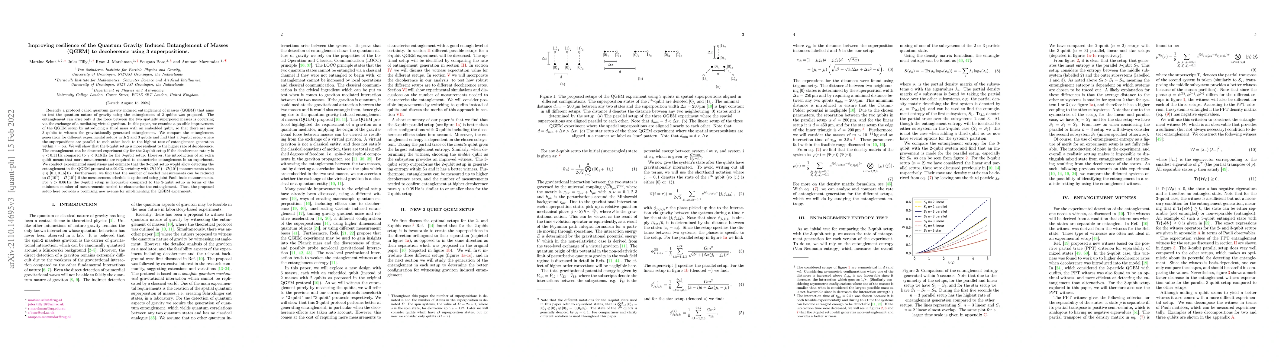 Thumbnail for Improving resilience of the Quantum Gravity Induced Entanglement of
  Masses (QGEM) to decoherence using 3 superpositions