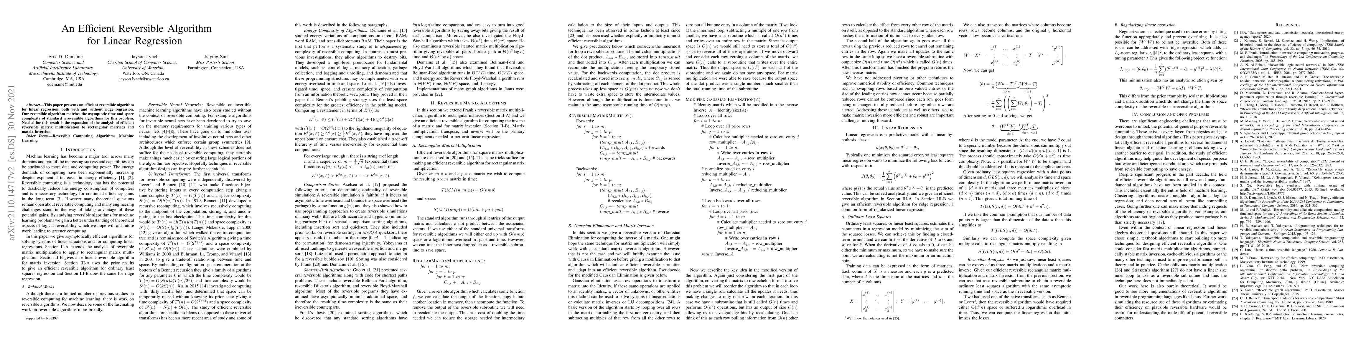 Thumbnail for An Efficient Reversible Algorithm for Linear Regression