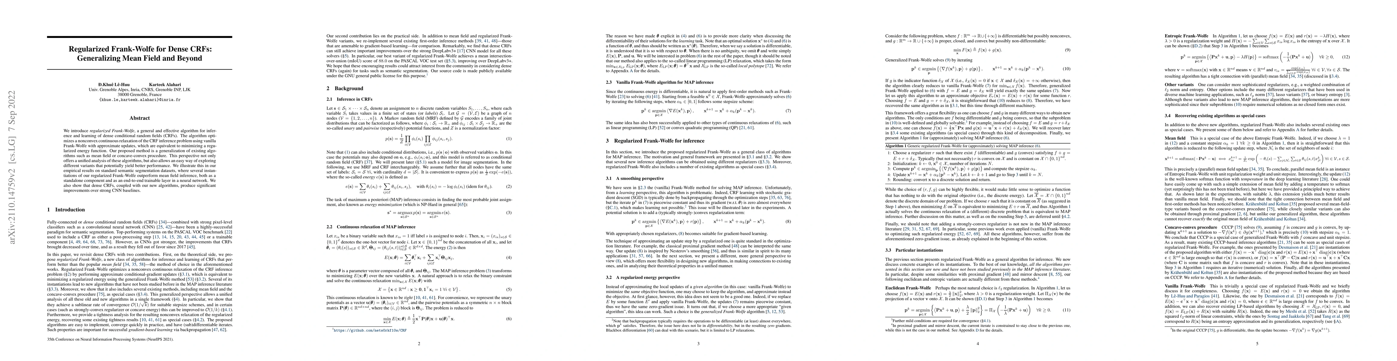 Thumbnail for Regularized Frank-Wolfe for Dense CRFs: Generalizing Mean Field and
  Beyond