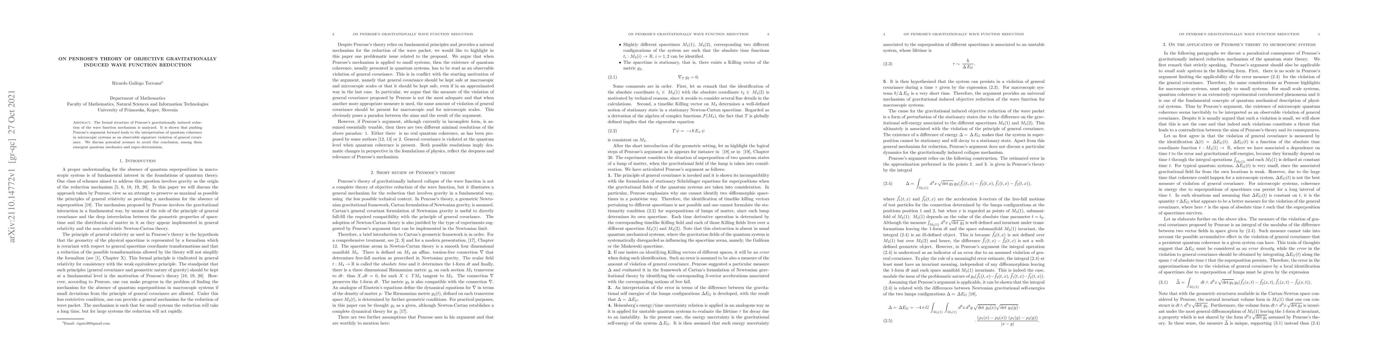 Thumbnail for On Penrose's theory of objective gravitationally induced wave function
  reduction