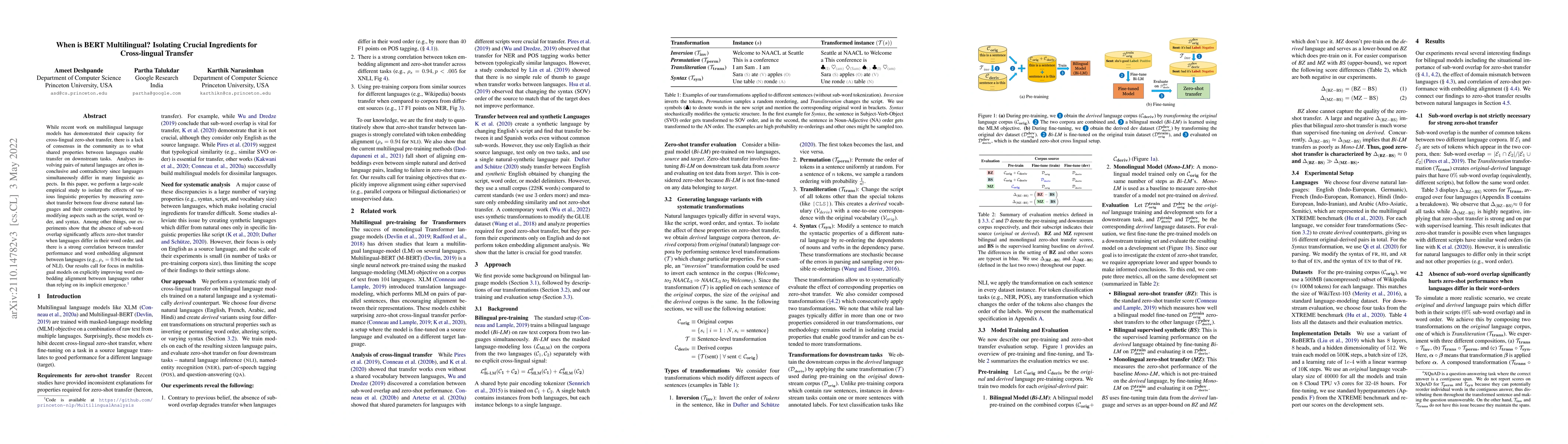 Thumbnail for When is BERT Multilingual? Isolating Crucial Ingredients for
  Cross-lingual Transfer