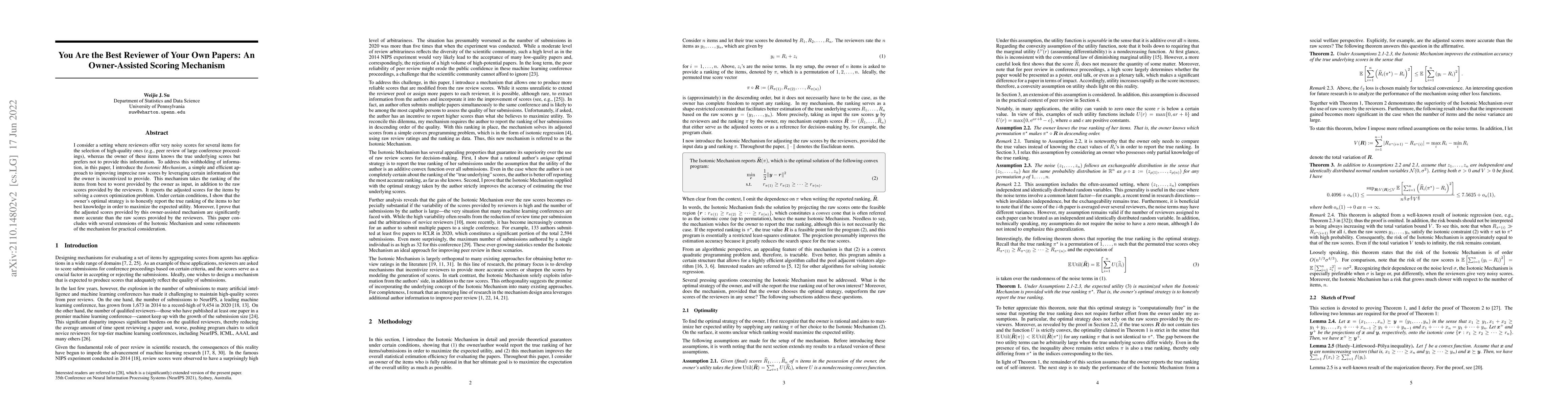 Thumbnail for You Are the Best Reviewer of Your Own Papers: An Owner-Assisted Scoring
  Mechanism