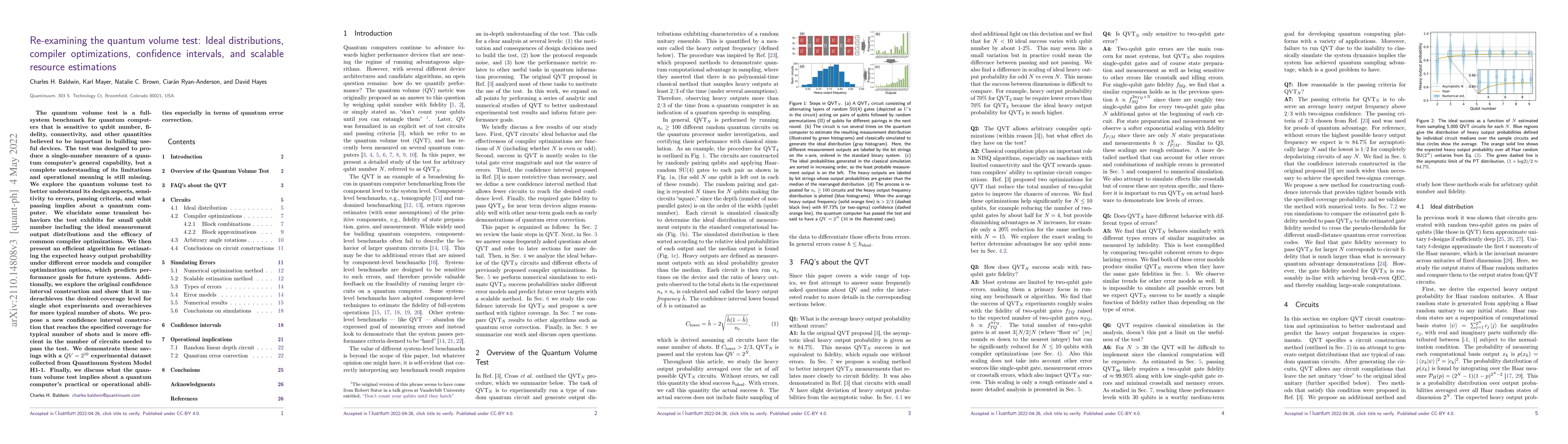 Thumbnail for Re-examining the quantum volume test: Ideal distributions, compiler
  optimizations, confidence intervals, and scalable resource estimations