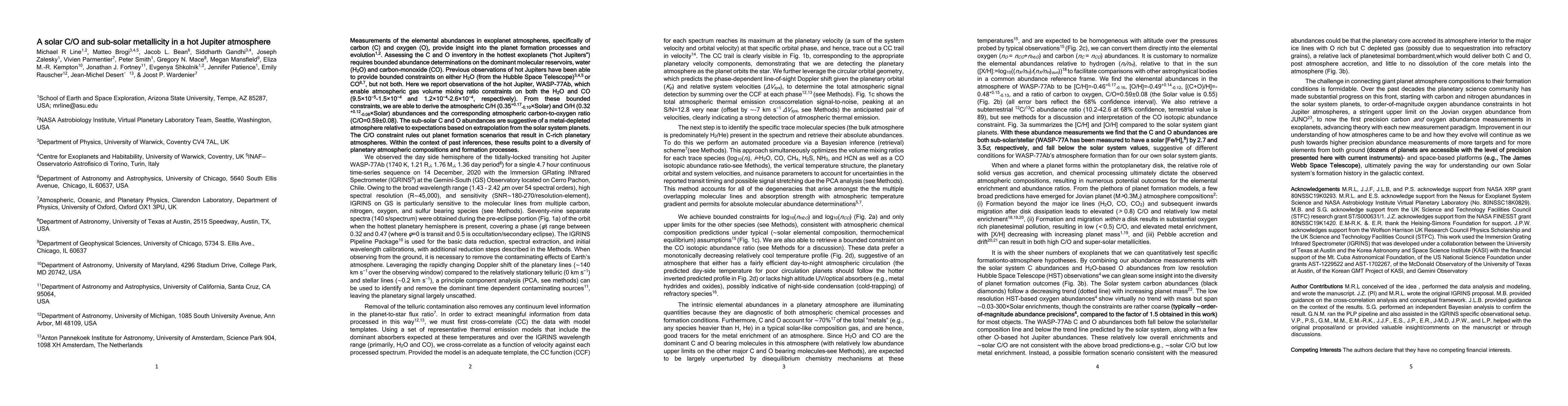 Thumbnail for A solar C/O and sub-solar metallicity in a hot Jupiter atmosphere
