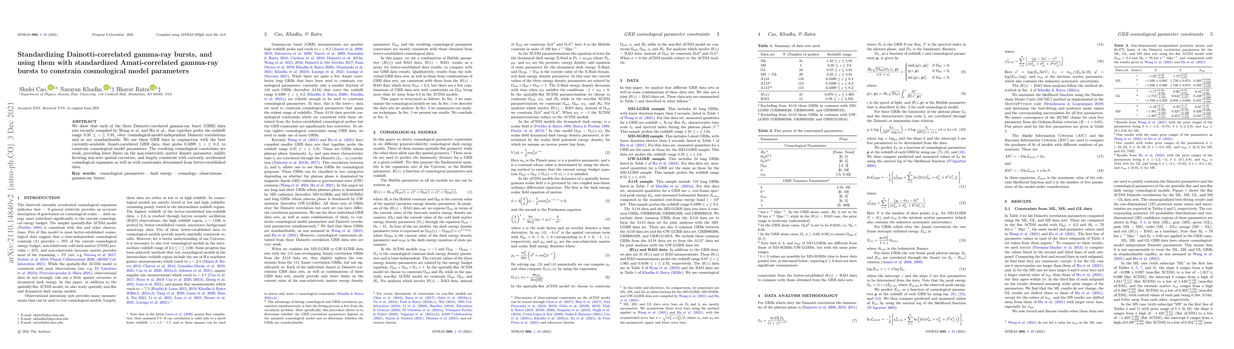 Thumbnail for Standardizing Dainotti-correlated gamma-ray bursts, and using them with
  standardized Amati-correlated gamma-ray bursts to constrain cosmological
  model parameters