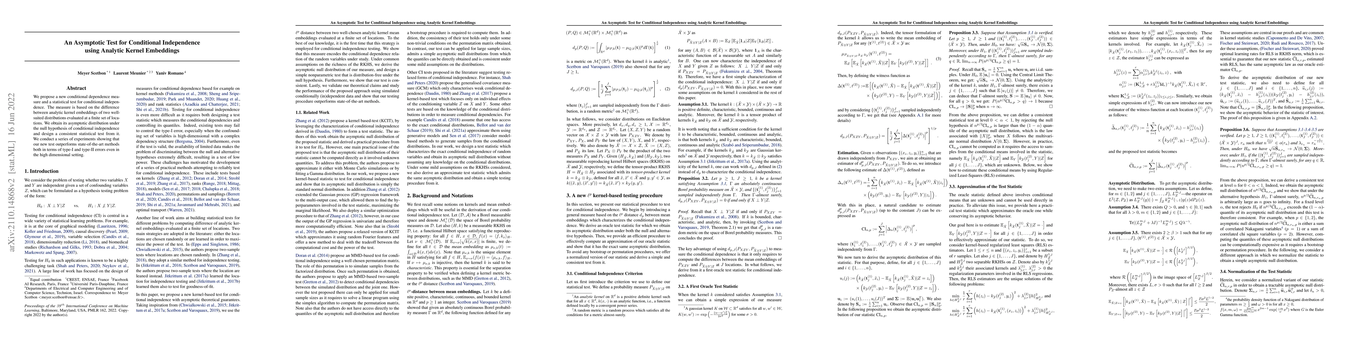 Thumbnail for An Asymptotic Test for Conditional Independence using Analytic Kernel
  Embeddings