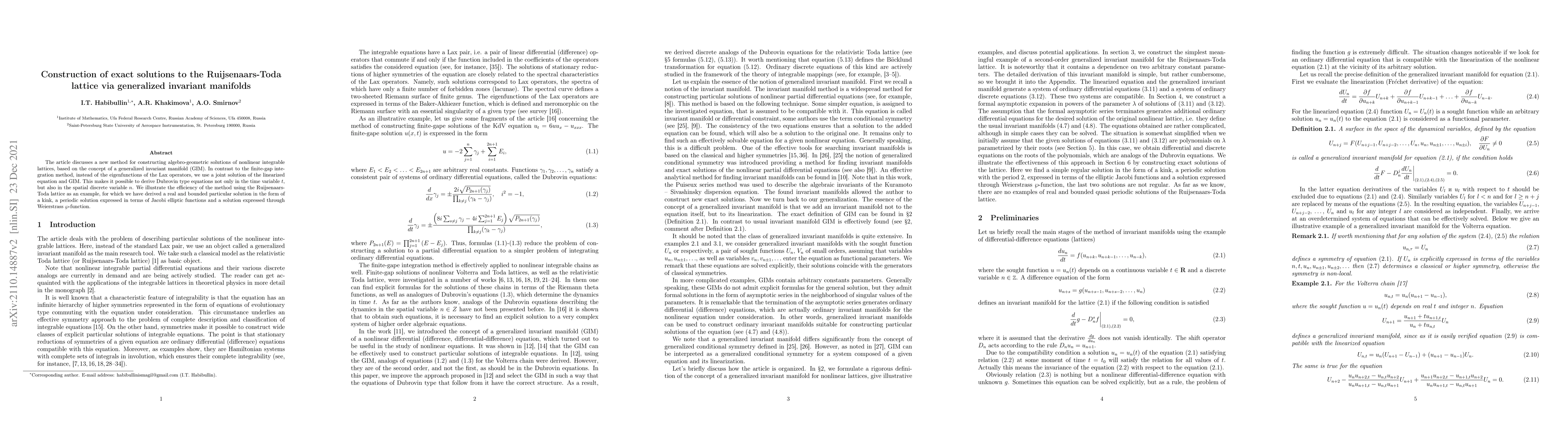 Thumbnail for Construction of exact solutions to the Ruijsenaars-Toda lattice via
  generalized invariant manifolds