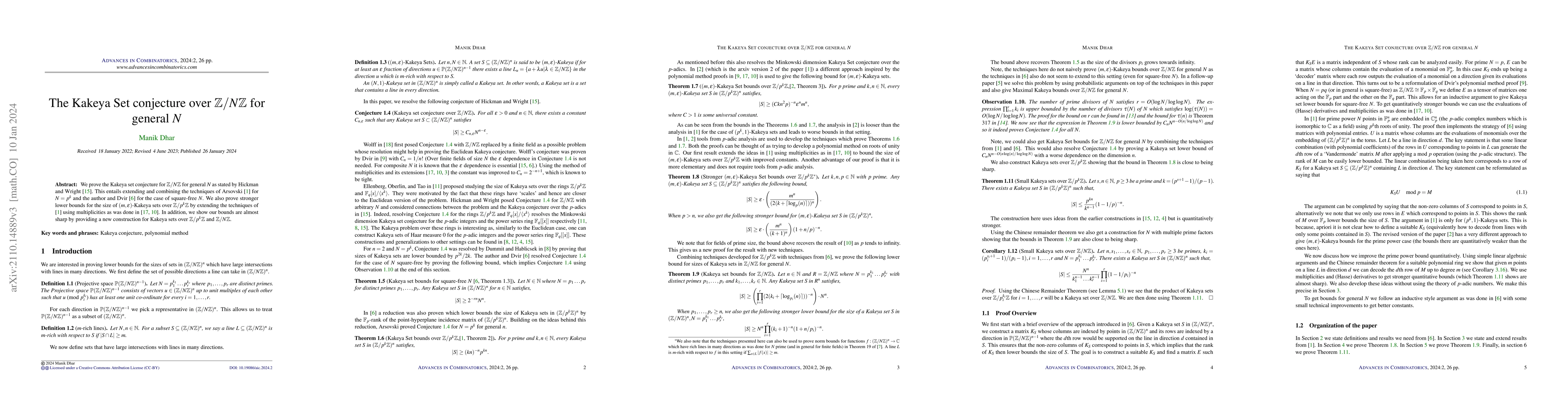 Thumbnail for The Kakeya Set Conjecture for $\mathbb{Z}/N\mathbb{Z}$ for general $N$