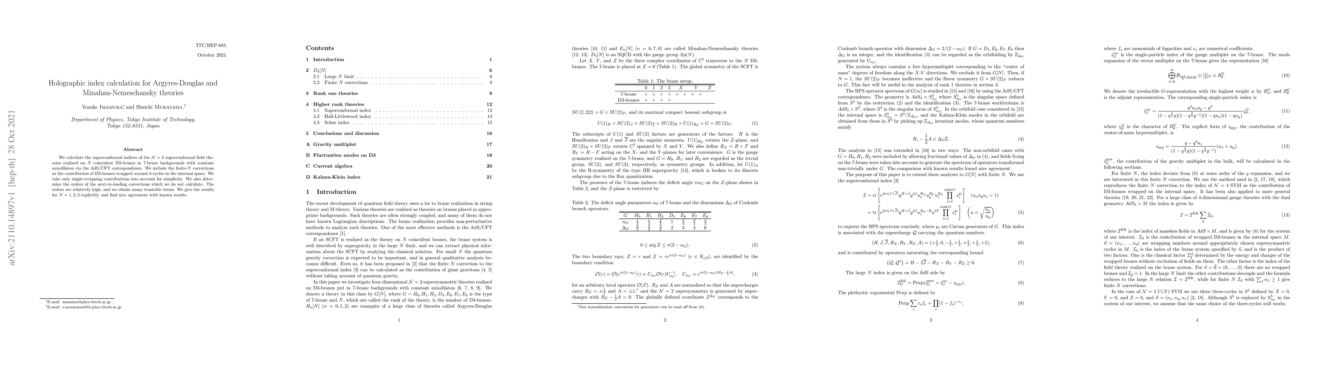 Thumbnail for Holographic index calculation for Argyres-Douglas and
  Minahan-Nemeschansky theories