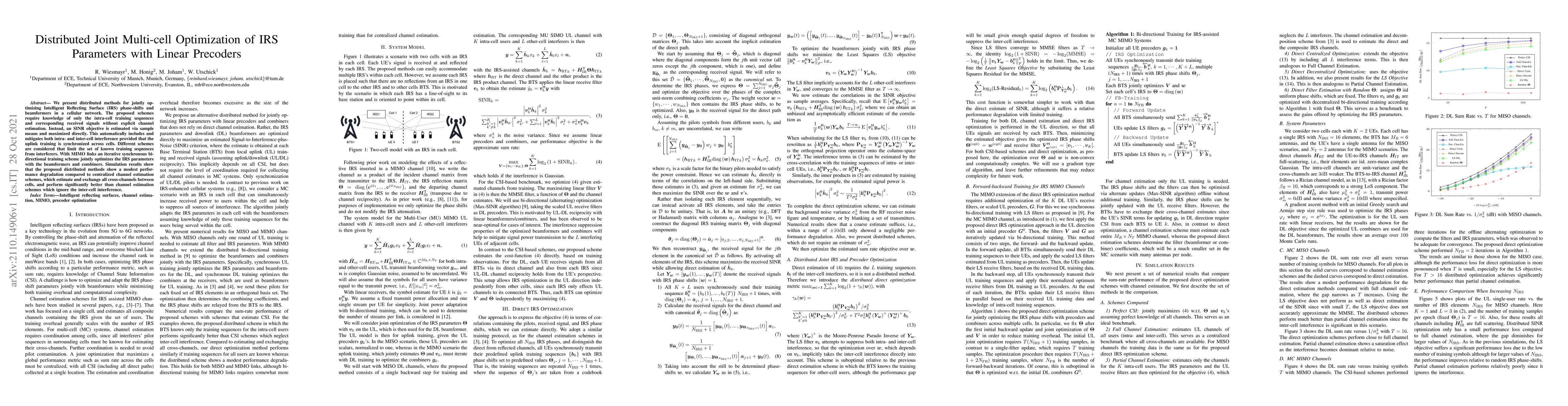 Thumbnail for Distributed Joint Multi-cell Optimization of IRS Parameters with Linear
  Precoders