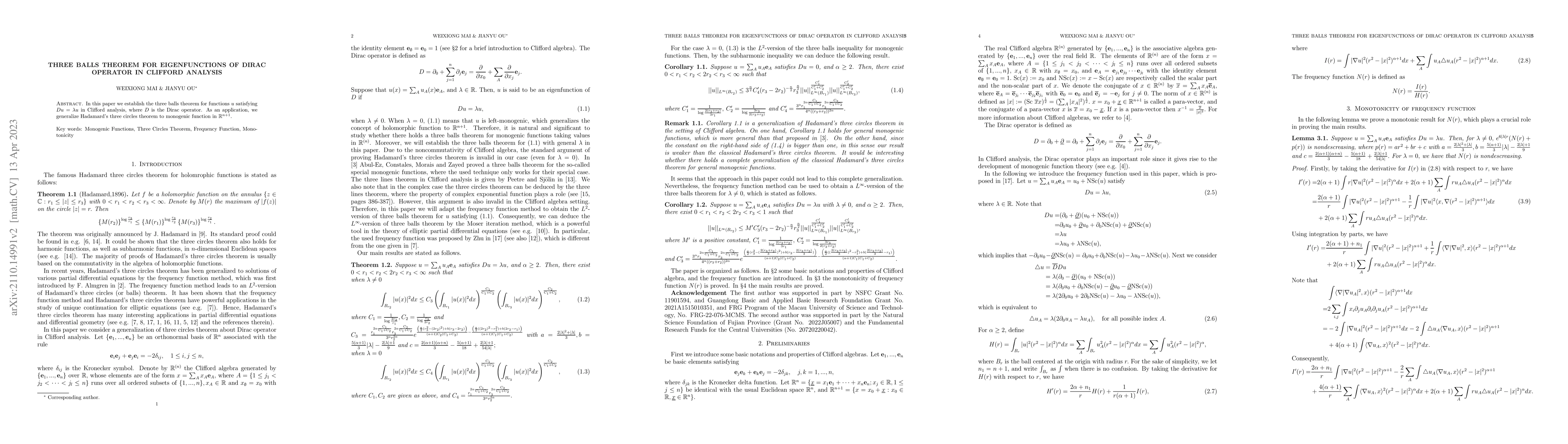 Thumbnail for Three Balls Theorem for Eigenfunctions of Dirac Operator in Clifford
  Analysis