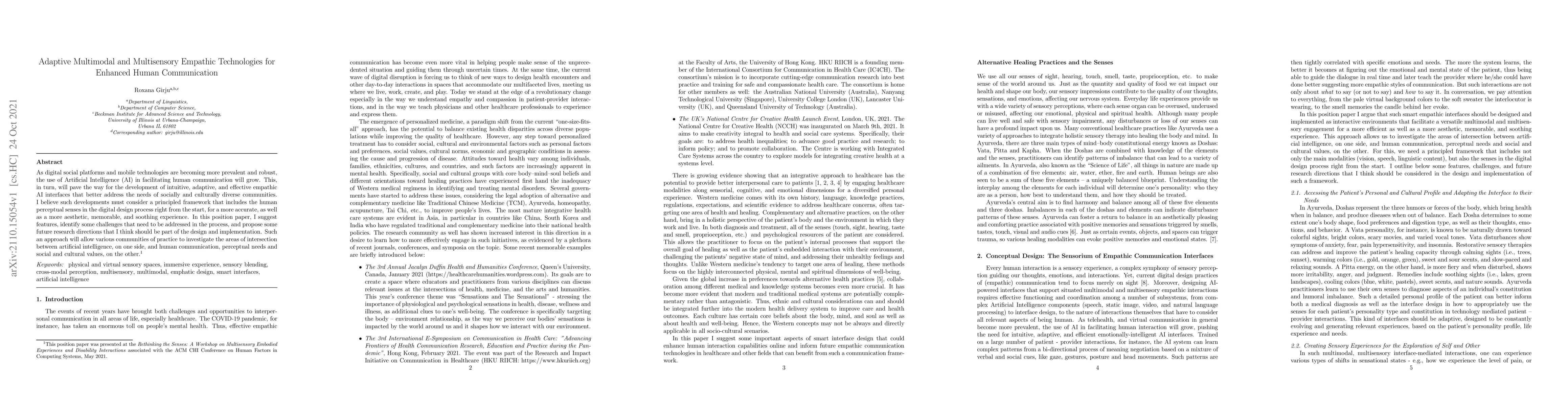 Thumbnail for Adaptive Multimodal and Multisensory Empathic Technologies for Enhanced
  Human Communication
