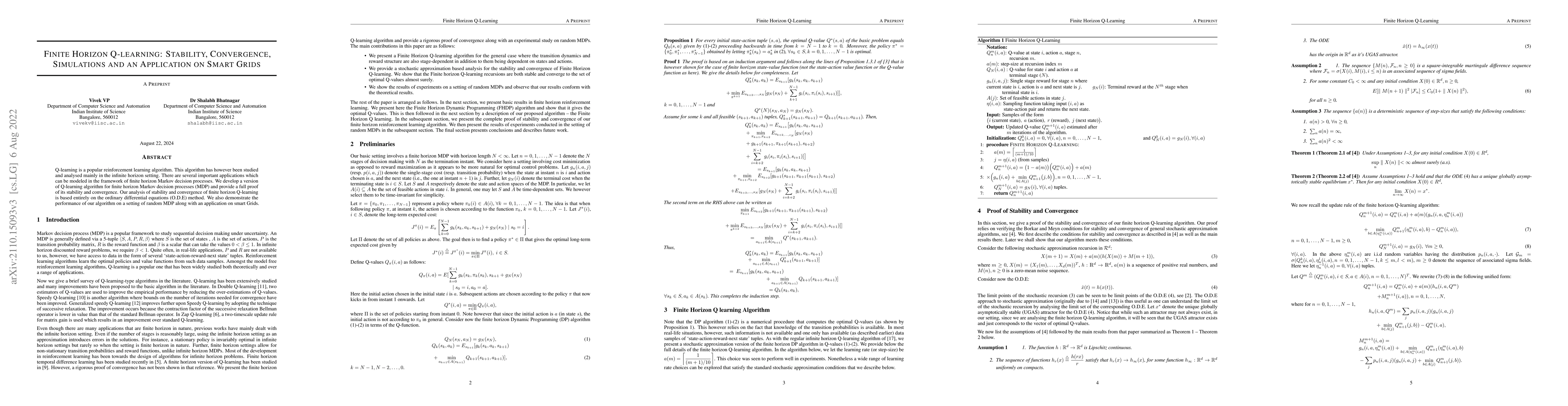 Thumbnail for Finite Horizon Q-learning: Stability, Convergence, Simulations and an
  application on Smart Grids