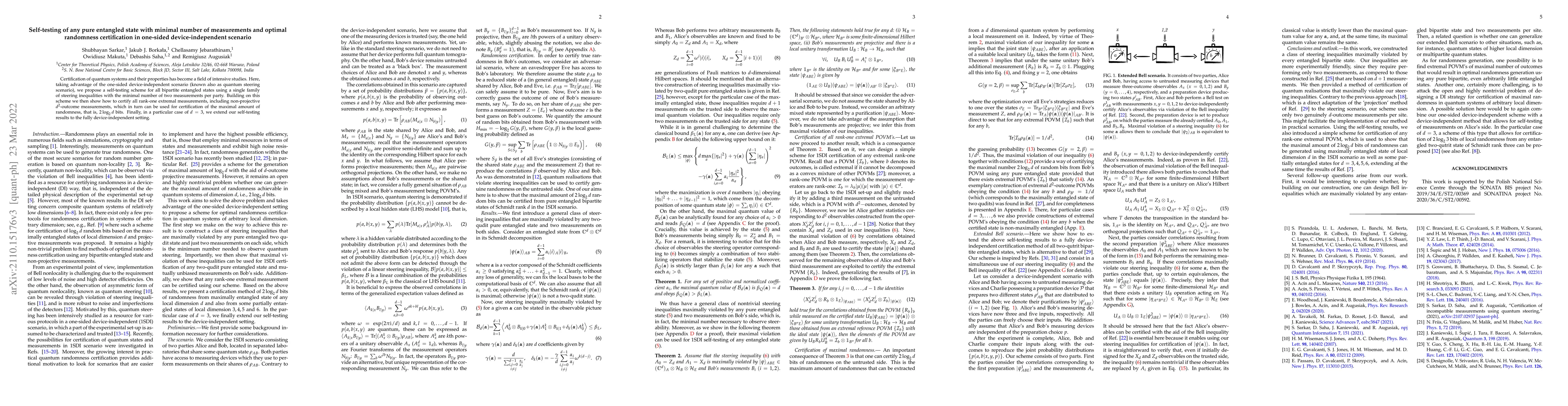 Thumbnail for Self-testing of any pure entangled state with minimal number of
  measurements and optimal randomness certification in one-sided
  device-independent scenario