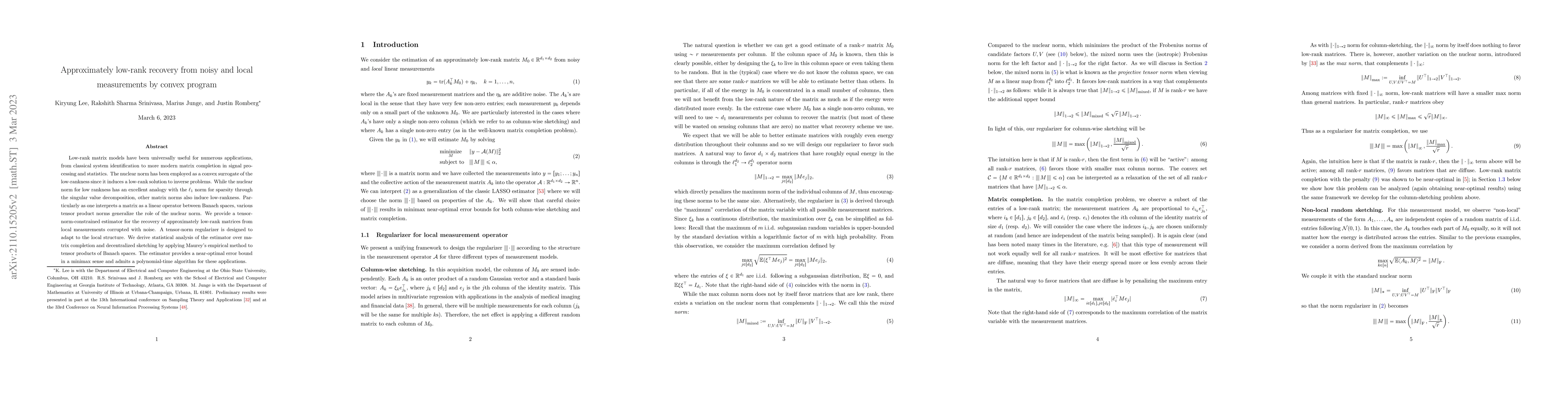Thumbnail for Approximately low-rank recovery from noisy and local measurements by
  convex program