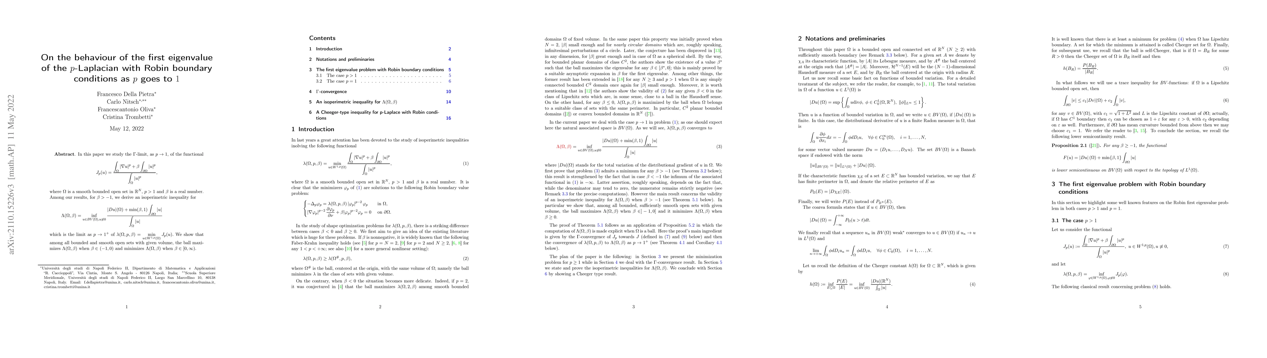 Thumbnail for On the behaviour of the first eigenvalue of the $p$-Laplacian with Robin
  boundary conditions as $p$ goes to $1$