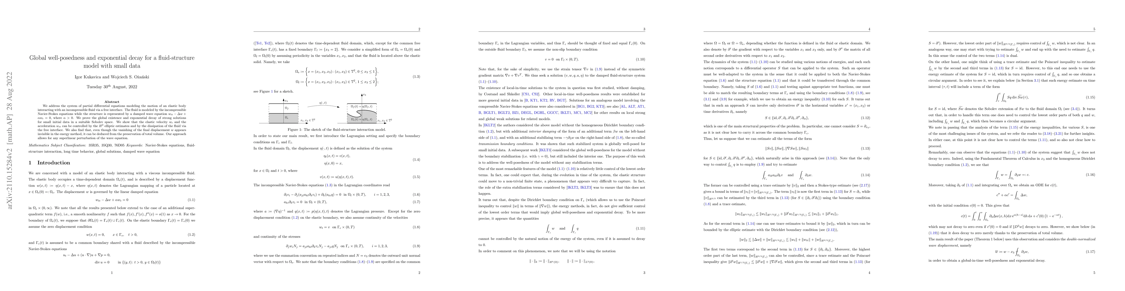 Thumbnail for Global well-posedness and exponential decay for a fluid-structure model
  with small data