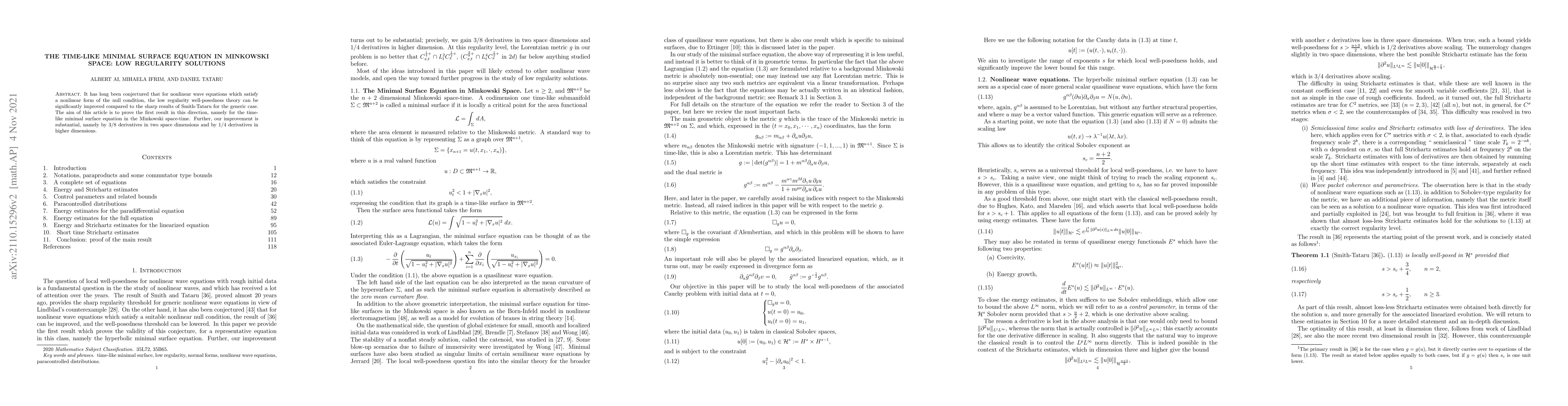Thumbnail for The time-like minimal surface equation in Minkowski space: low
  regularity solutions