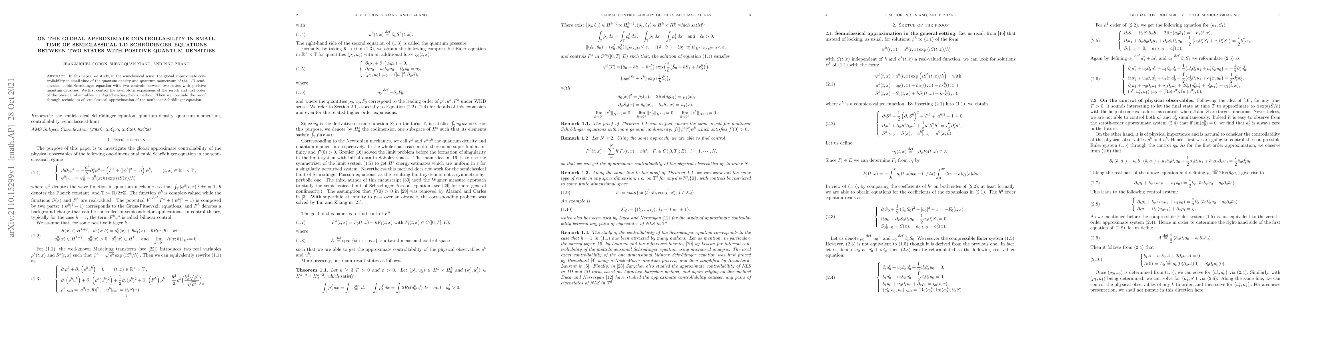 Thumbnail for On the global approximate controllability in small time of semiclassical
  1-D Schr\"odinger equations between two states with positive quantum
  densities