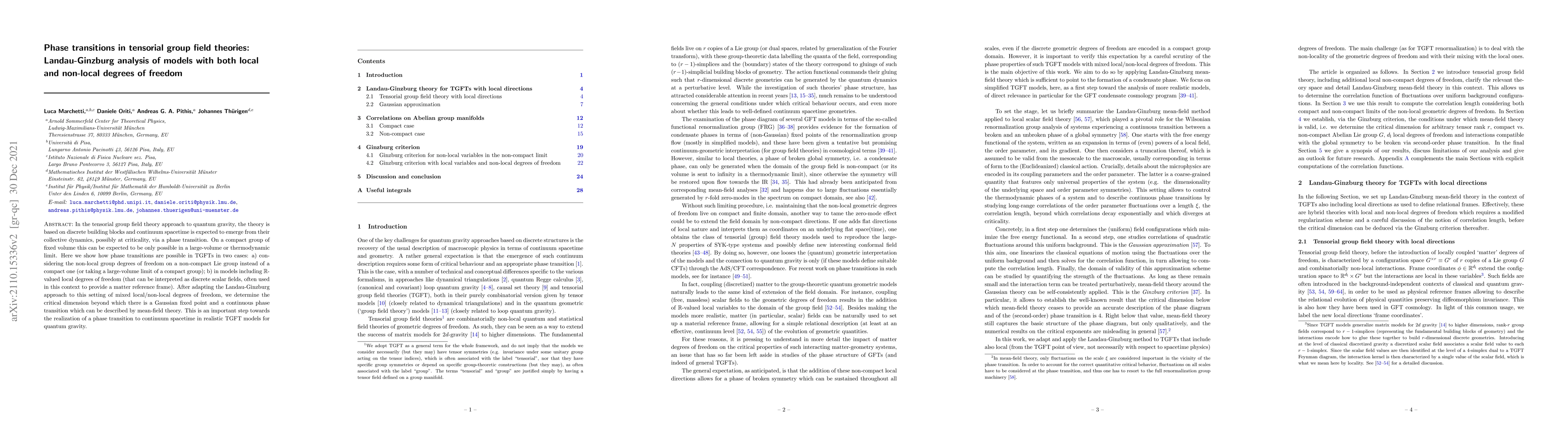 Thumbnail for Phase transitions in tensorial group field theories: Landau-Ginzburg
  analysis of models with both local and non-local degrees of freedom