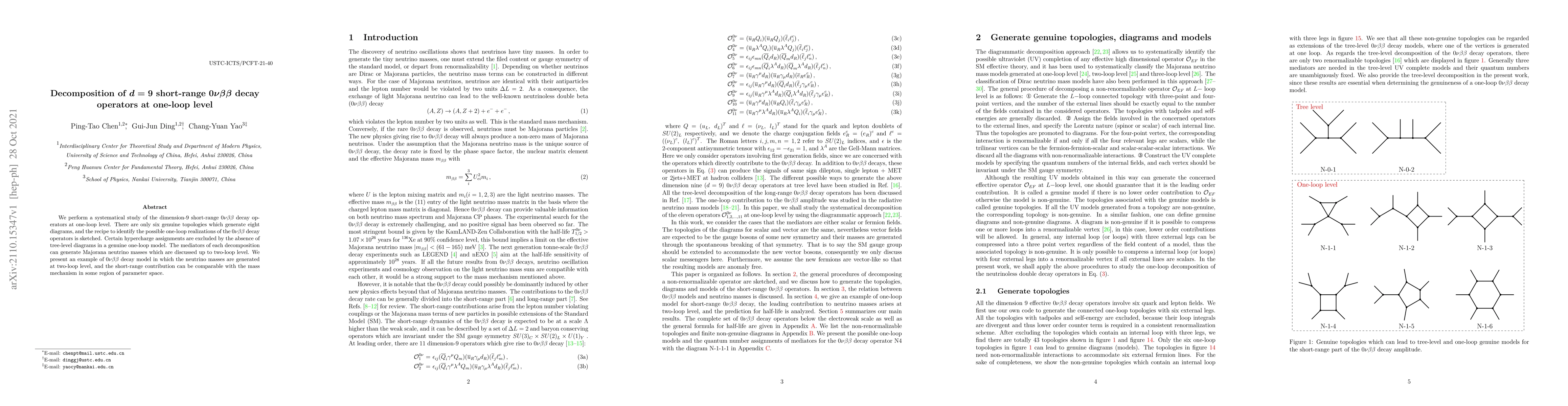 Thumbnail for Decomposition of $d=9$ short-range $0\nu\beta\beta$ decay operators at
  one-loop level