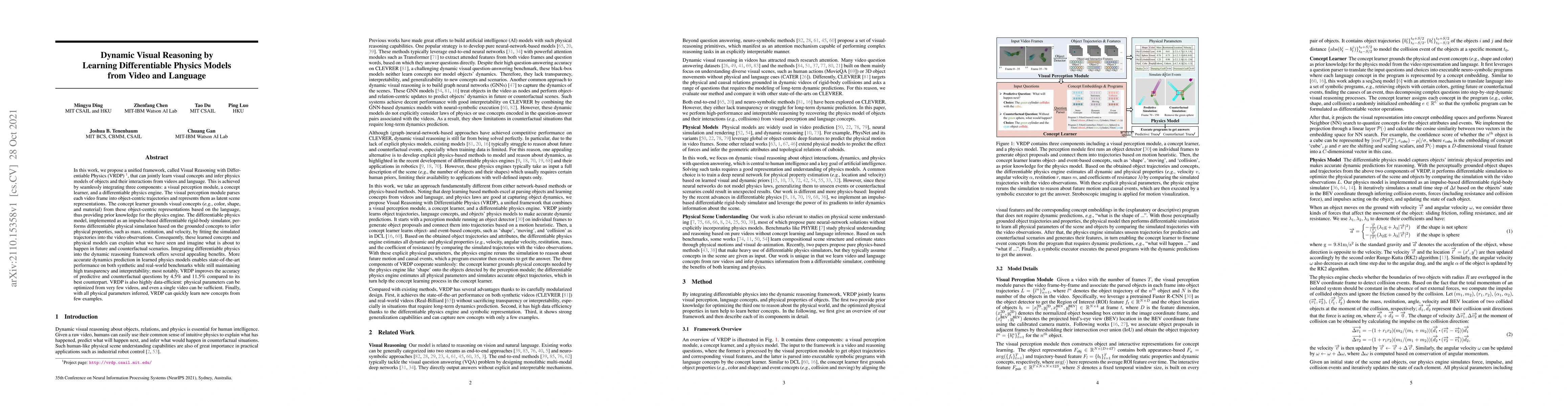 Thumbnail for Dynamic Visual Reasoning by Learning Differentiable Physics Models from
  Video and Language