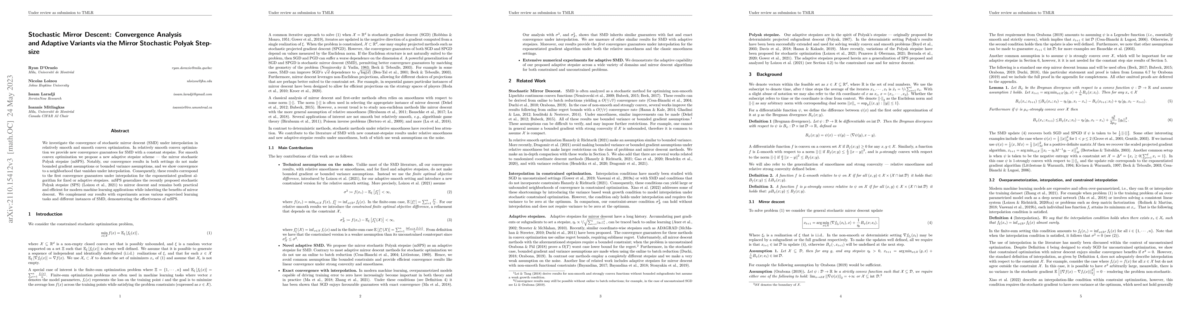 Thumbnail for Stochastic Mirror Descent: Convergence Analysis and Adaptive Variants
  via the Mirror Stochastic Polyak Stepsize