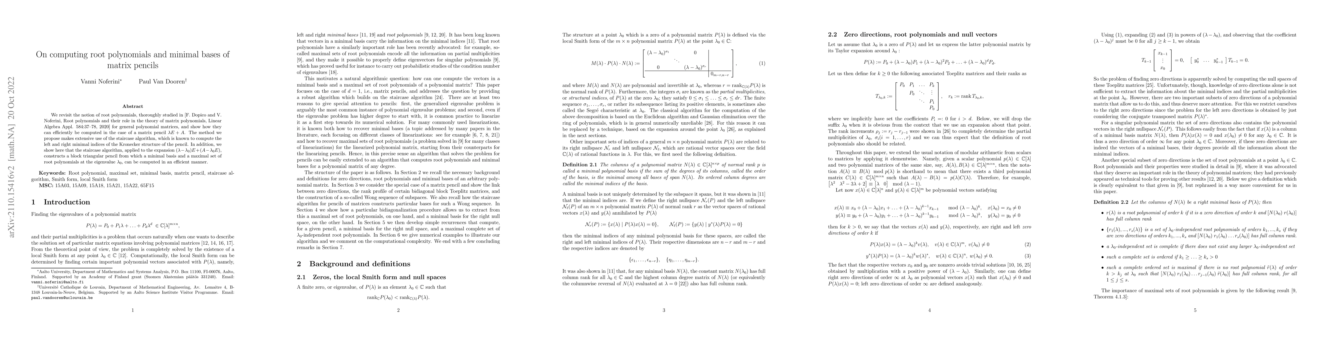 Thumbnail for On computing root polynomials and minimal bases of matrix pencils
