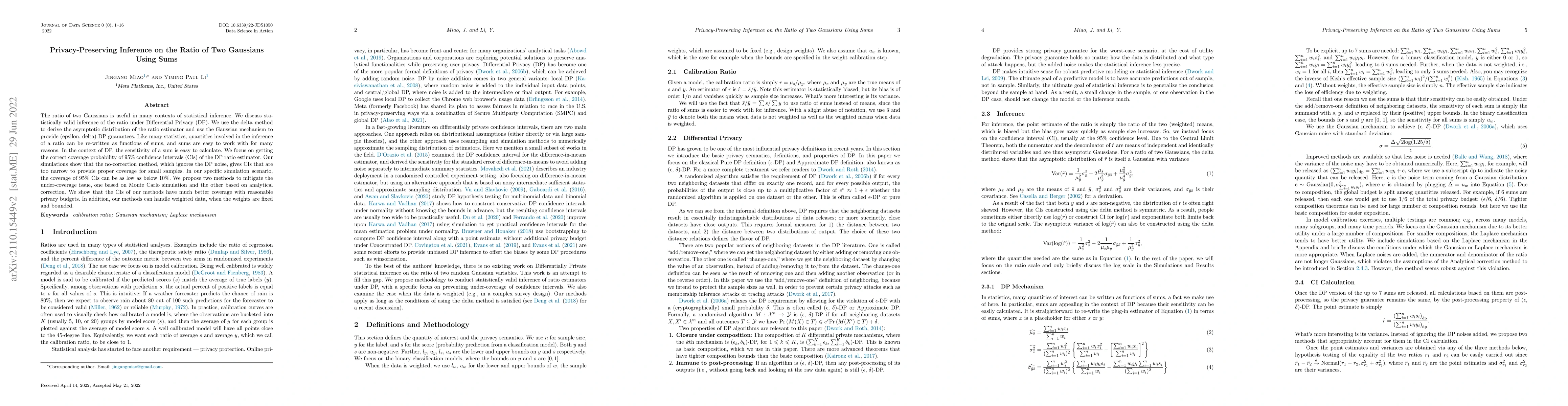 Thumbnail for Privacy-Preserving Inference on the Ratio of Two Gaussians Using Sums