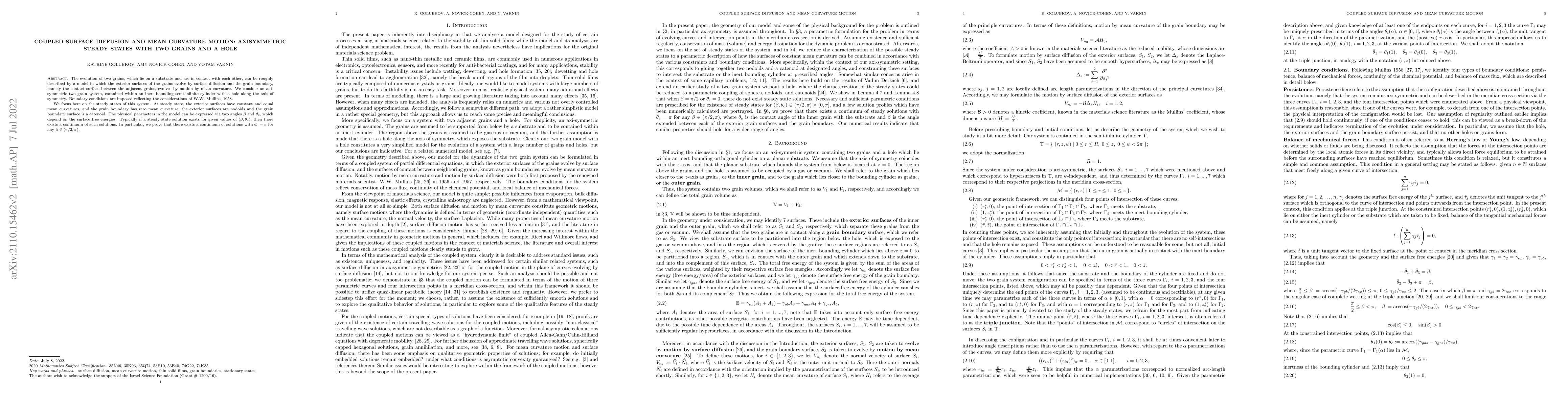 Thumbnail for Coupled Surface Diffusion and Mean Curvature Motion: Axisymmetric Steady
  States with Two Grains and a Hole