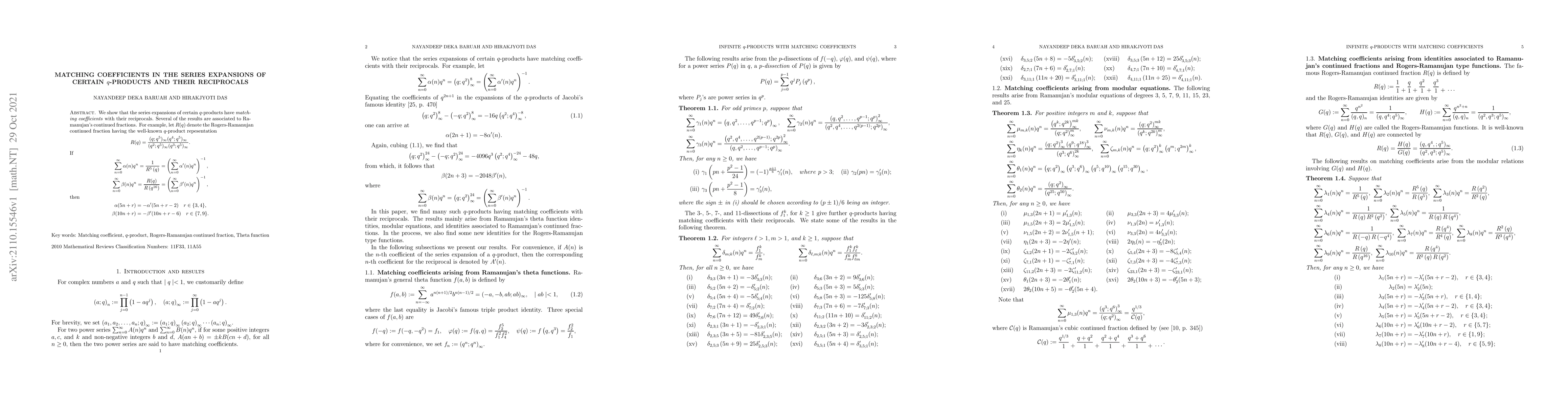 Thumbnail for Matching coefficients in the series expansions of certain $q$-products
  and their reciprocals