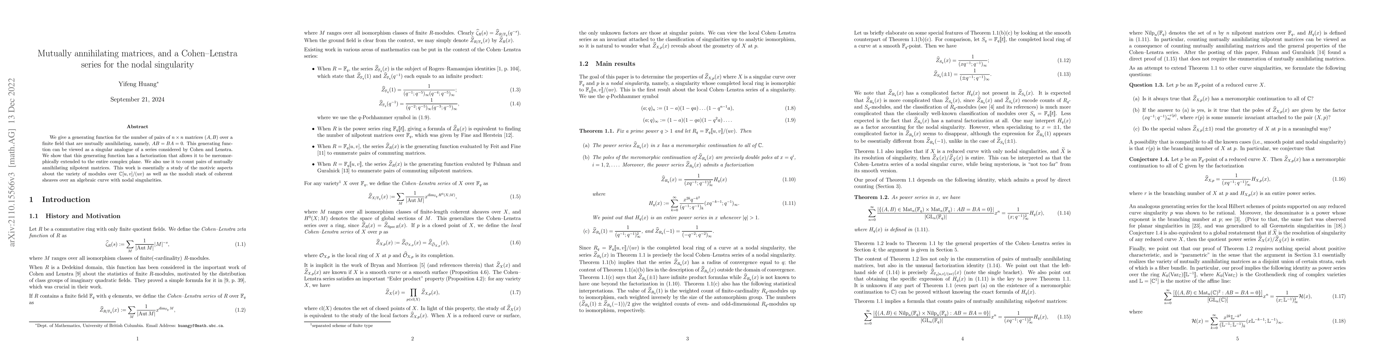 Thumbnail for Mutually annihilating matrices, and a Cohen--Lenstra series for the
  nodal singularity