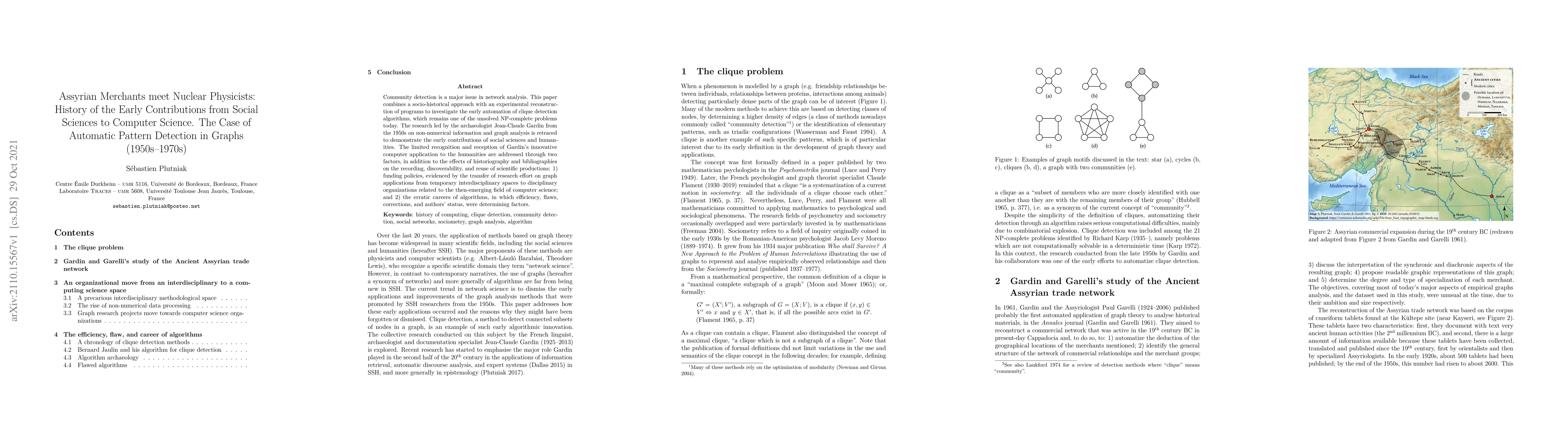 Thumbnail for Assyrian merchants meet nuclear physicists: history of the early
  contributions from social sciences to computer science. The case of automatic
  pattern detection in graphs (1950s--1970s)
