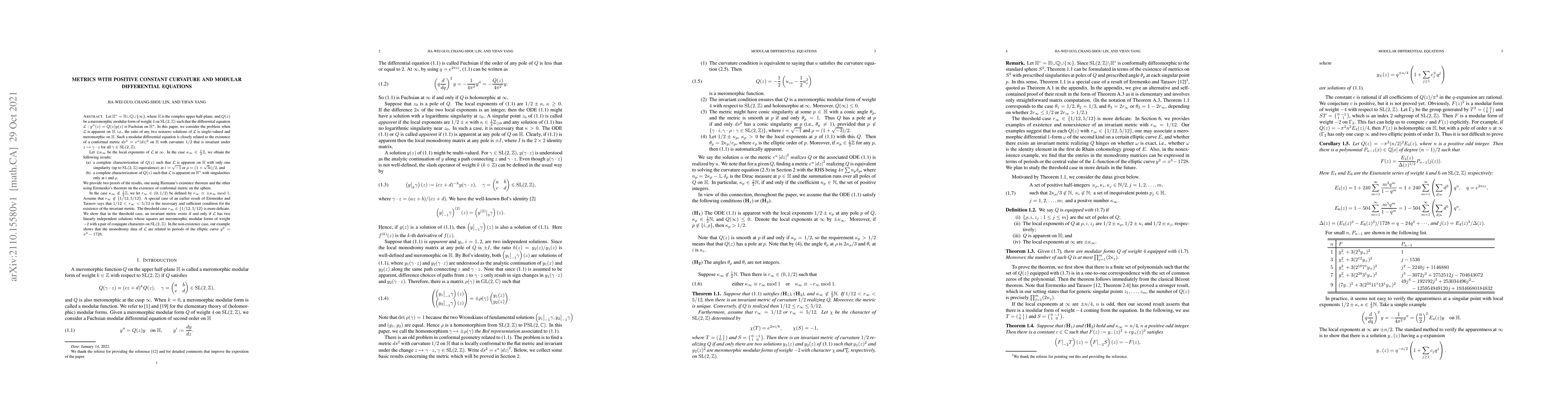 Thumbnail for Metrics with positive constant curvature and modular differential
  equations