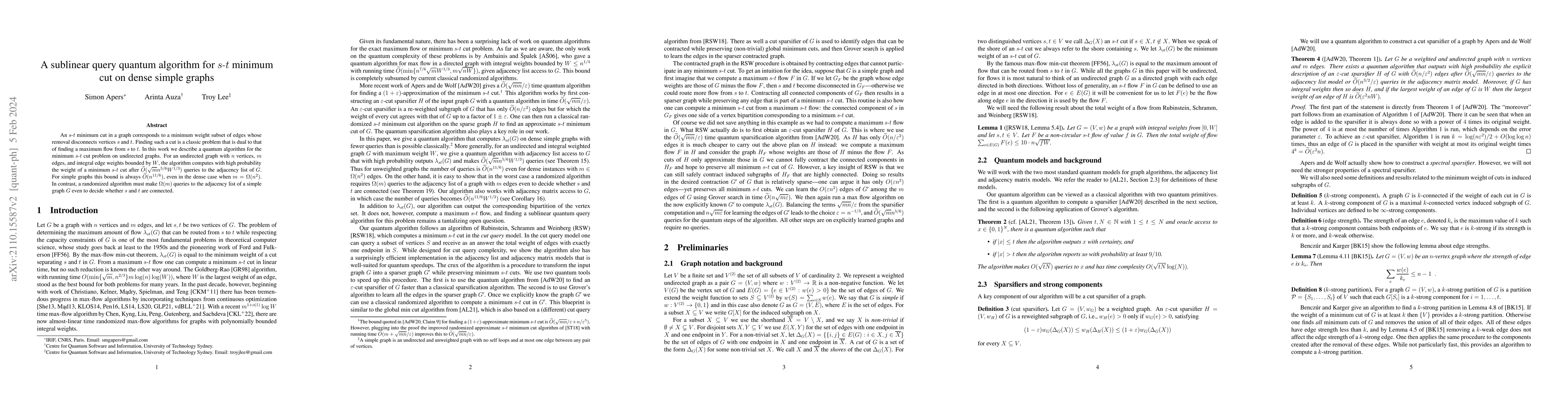 Thumbnail for A sublinear query quantum algorithm for s-t minimum cut on dense simple
  graphs