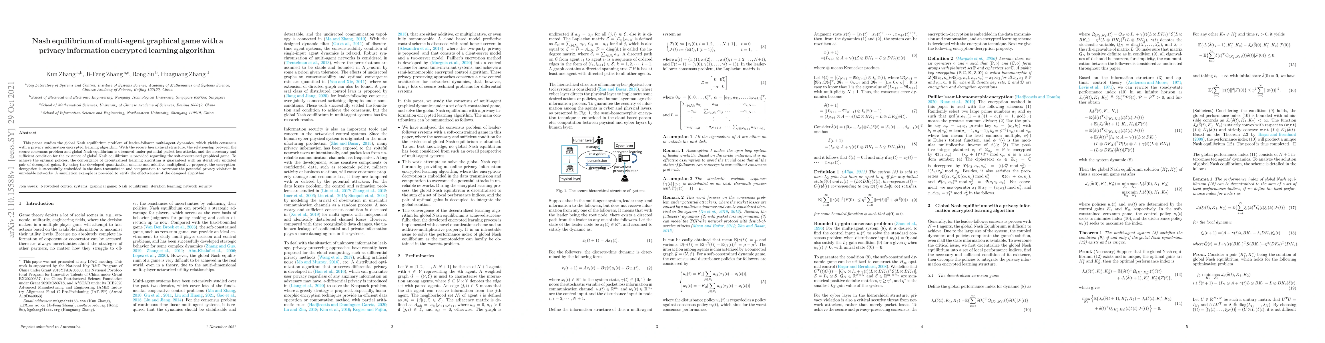 Thumbnail for Nash equilibrium of multi-agent graphical game with a privacy
  information encrypted learning algorithm