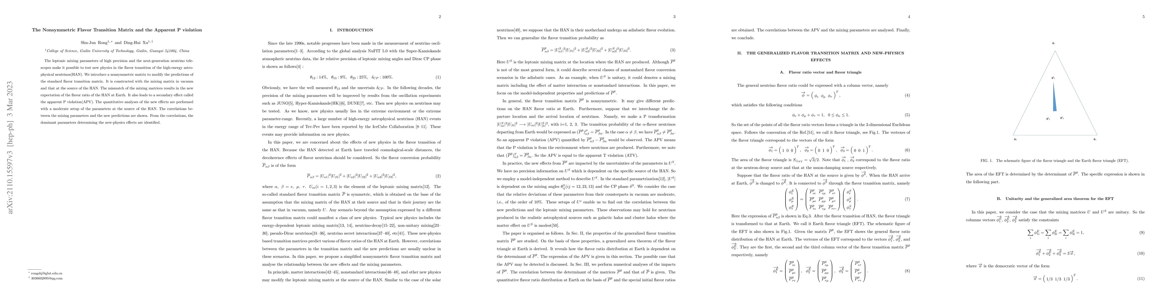 Thumbnail for The Nonsymmetric Flavor Transition Matrix and the Apparent P violation